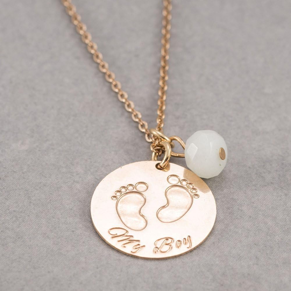 My Boy necklace, baby feet necklace, footprint necklace, long necklace, new baby necklace, My Boy coin pendant, Aventurine, new mom necklace
