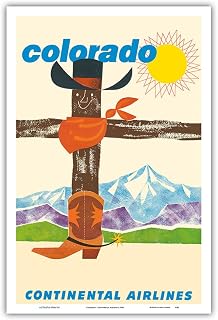 Colorado - Continental Airlines - Cowboy Hat Bandana Boots - Vintage Airline Travel Poster c.1960 - Master Art Print (Unframed) 6in x 9in