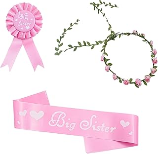 3PCS Big Sister Gifts for Girls,Sister to Be Accessory Set,Including Flower Wreath, Big Sister Satin Sash and Badge Pin for Baby Shower Party Announcement Party Decorations Pink