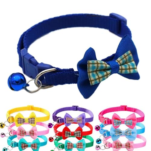 Puppy Collar with Bell,Soft Nylon Identification Blue Cat Collar Bell for Dog Collar with Bowtie Adjustable Buckle for XXS Xs Tiny Little Pet Female Boys Dogs,Neck 7.5-12.5 Inch Blue one siz