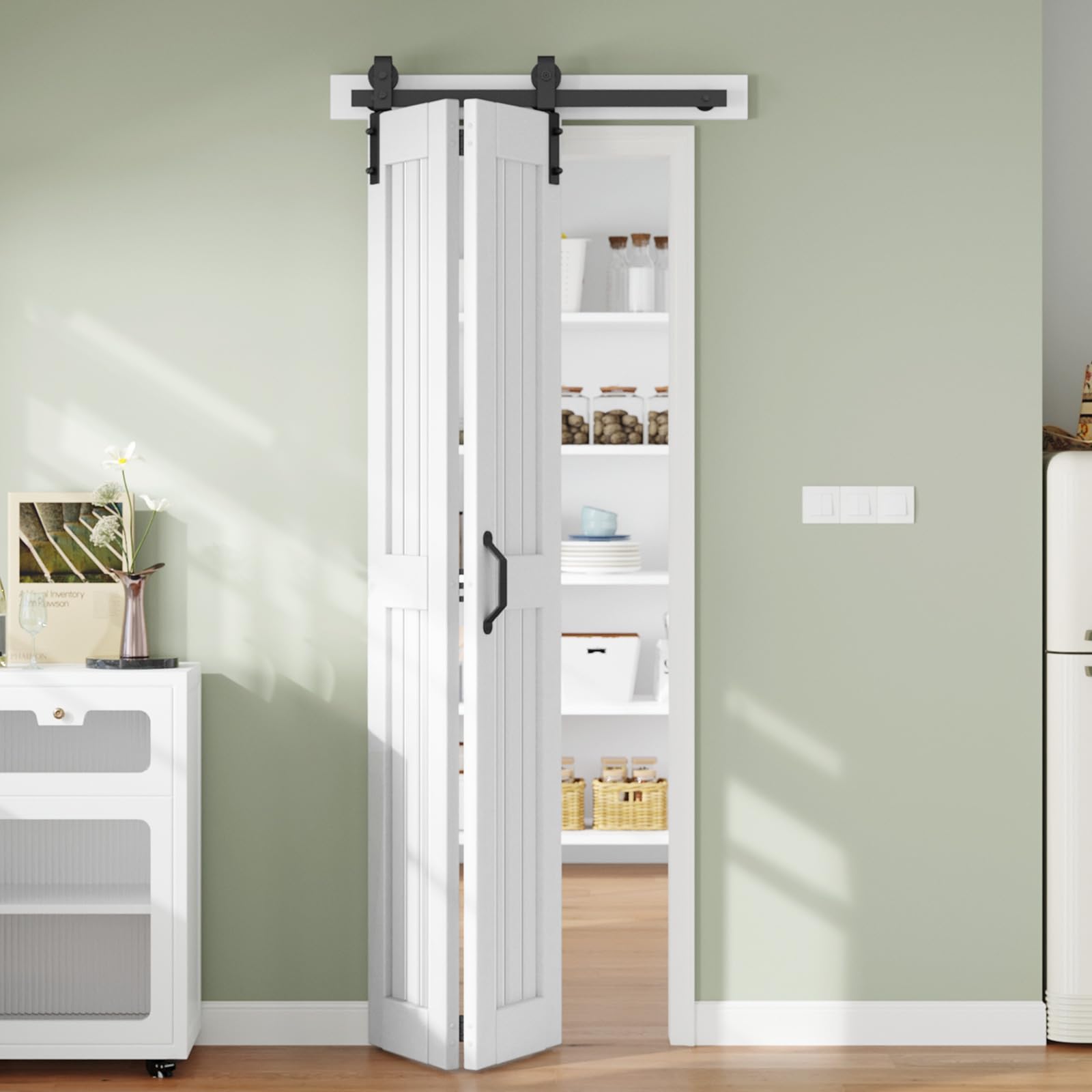Finosen Bifold Barn Door 30 x 84 in (Double 15 inch)?Bi-fold Sliding Closet Doors with Hardware Track kit Included, 2.8ft Rail for 2 Doors, MDF Wood Panel,PVC Surface, Save Space,DIY Assembly, White