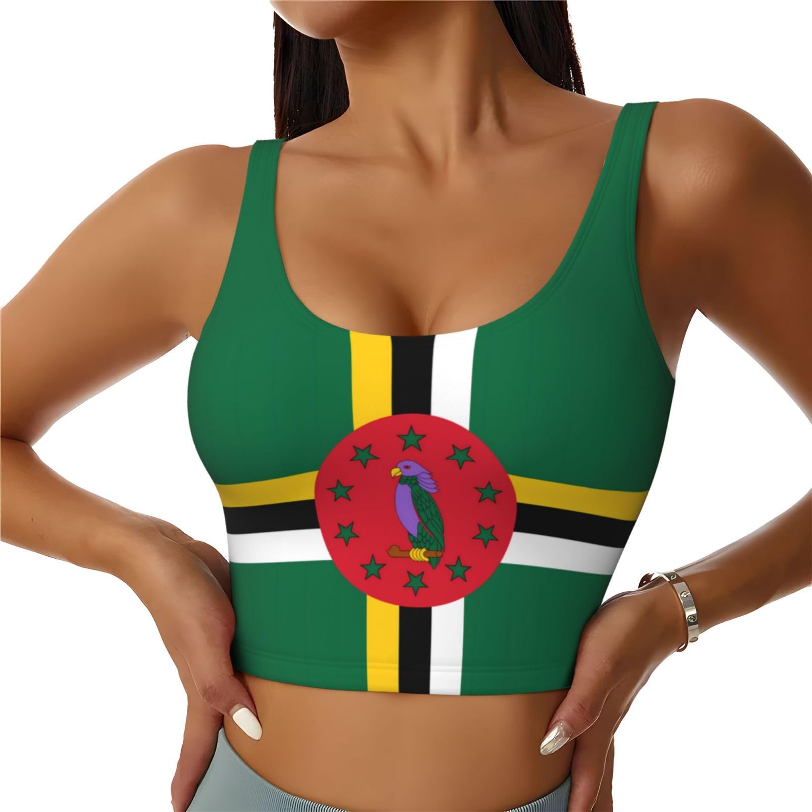 Sxzvvbn Women's Black Flag Of The Commonwealth Of Dominica U-Back Sports Bra Medium Support Removable Pads Yoga Crop Top S