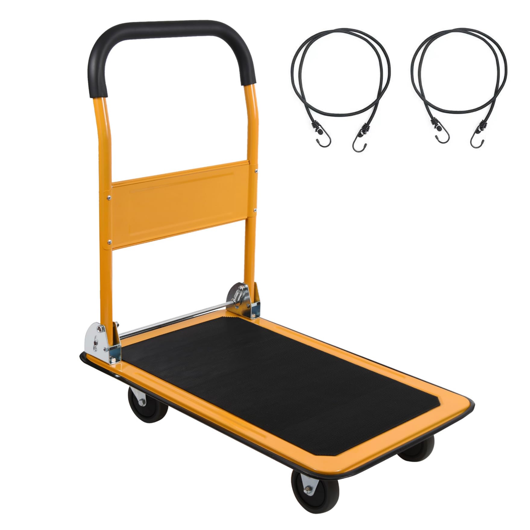 LEADALLWAY Foldable Push Cart Platform Cart 330lbs Capacity 4 Wheels 28.7x18.5x32.3inches Yellow with 2 Ropes Small Flatbed Cart