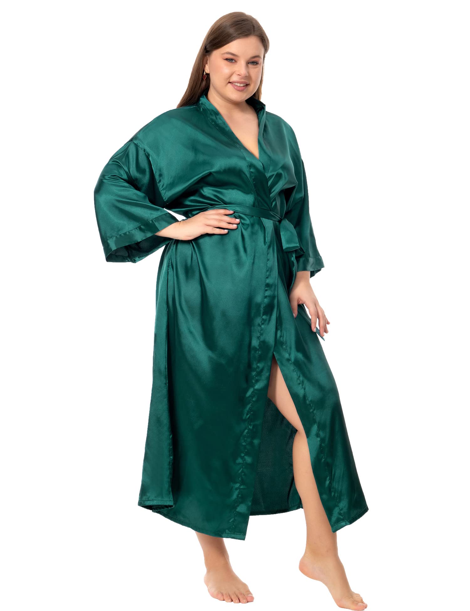 Bata larga de satén floral para mujer, talla grande, de seda, kimonos florales de pavo real, ropa de dormir.