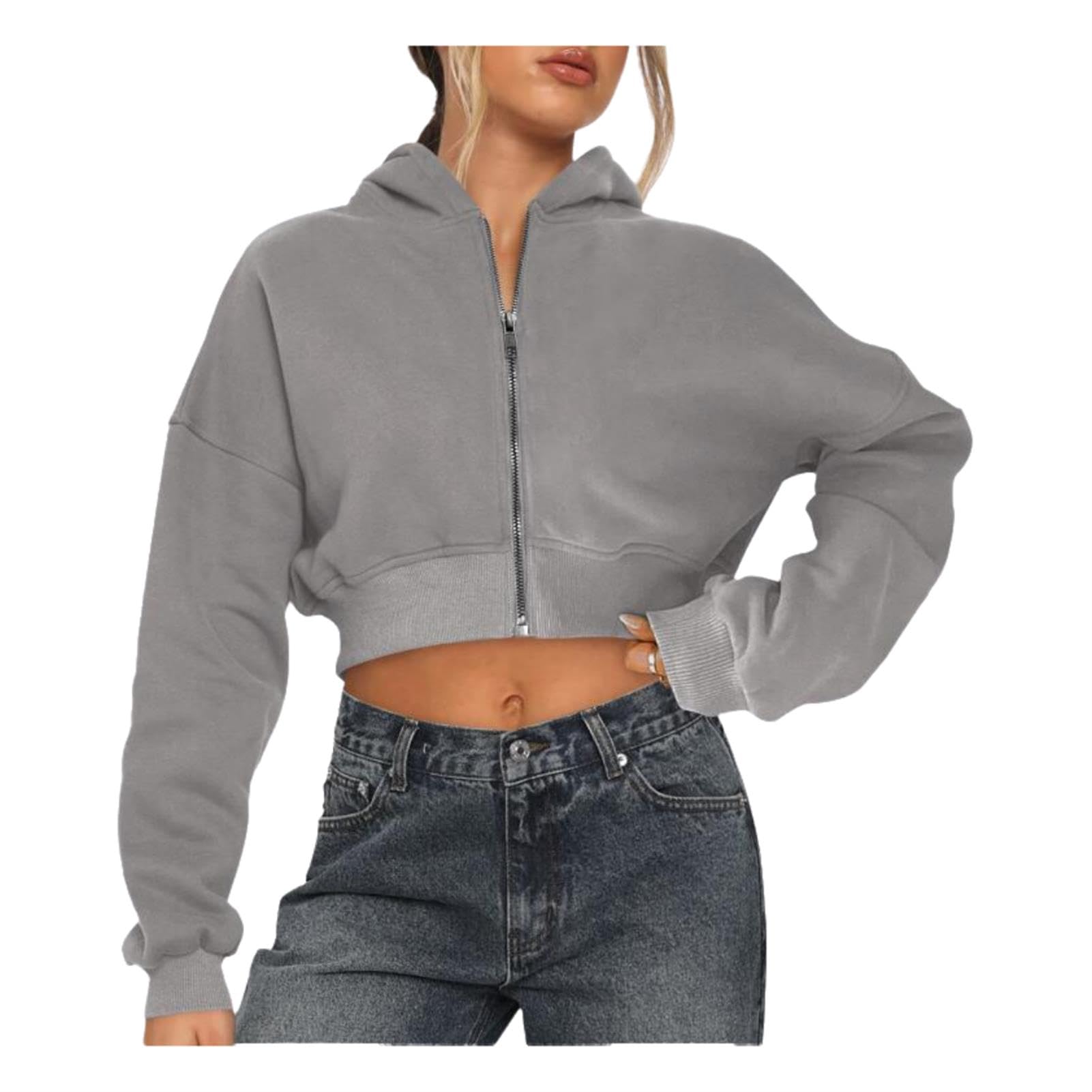 Zip Up Cropped Sudadera de Las Mujeres Manga Larga Color sólido Suelto Cuello Redondo Escotado Jersey con Capucha Chaqueta de Ropa Exterior,Flower Grey,M