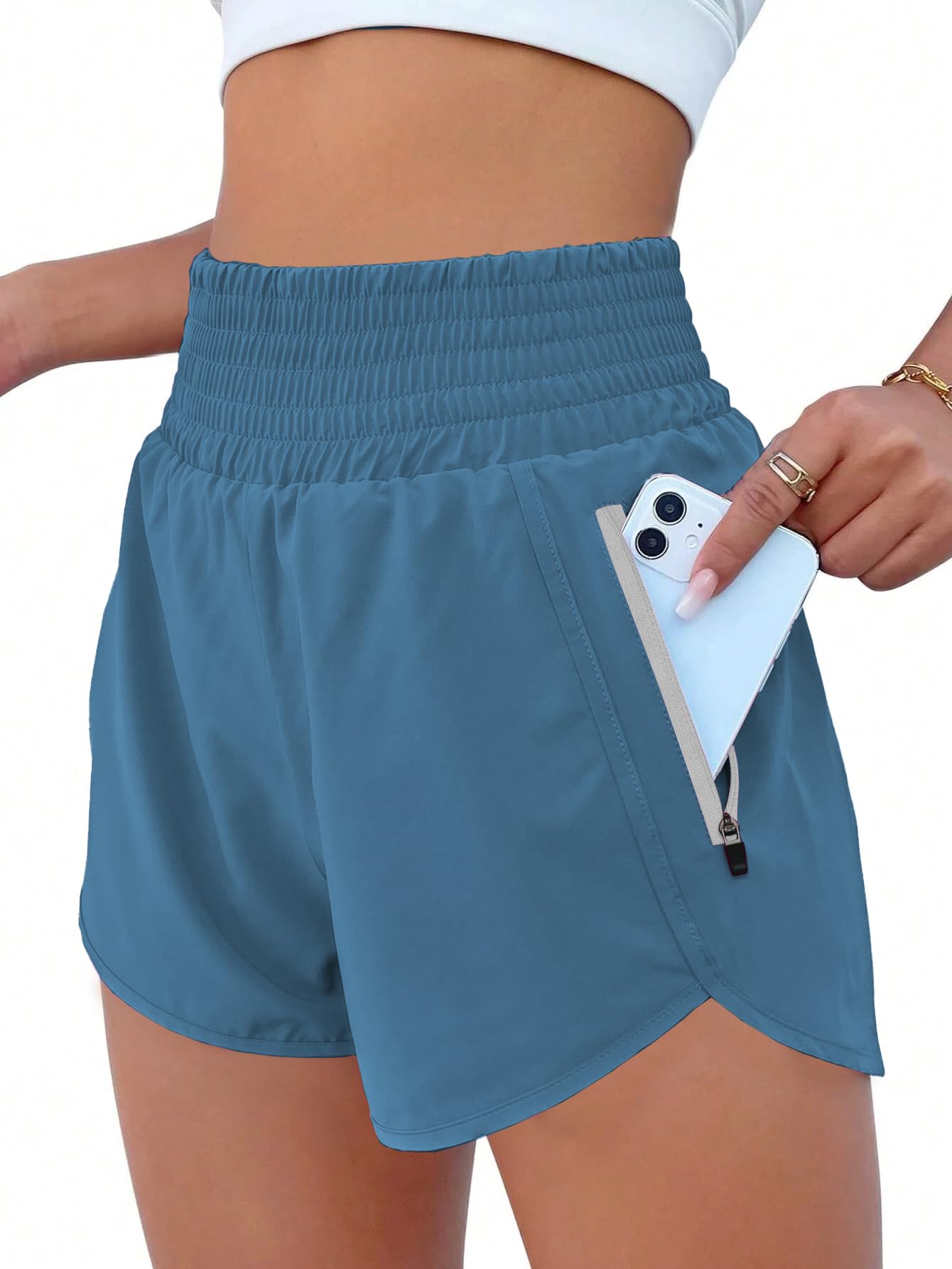 Pantalones cortos deportivos para mujer, de cintura alta, para correr, con bolsillo, elásticos, para gimnasio