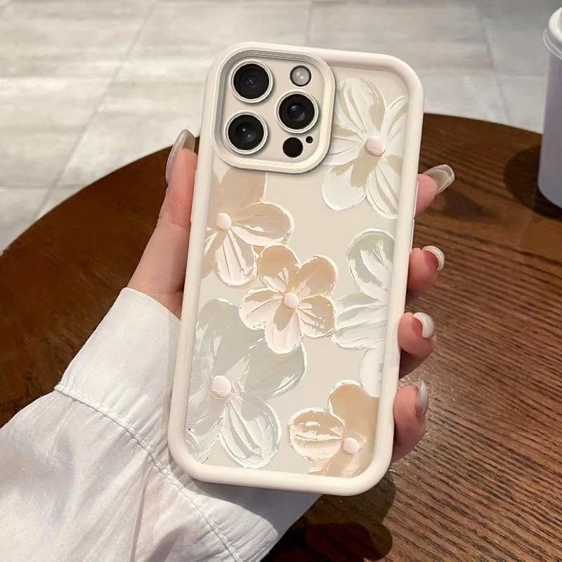 Image of COVERLY Cream Floral Back Case Cover for iPhone 12 Pro | 3D Handpainted Flower Cute Design | Camera Lens Protection | Soft TPU Silicone Aesthetic Print Cover for Girls & Women (White, Shockproof)