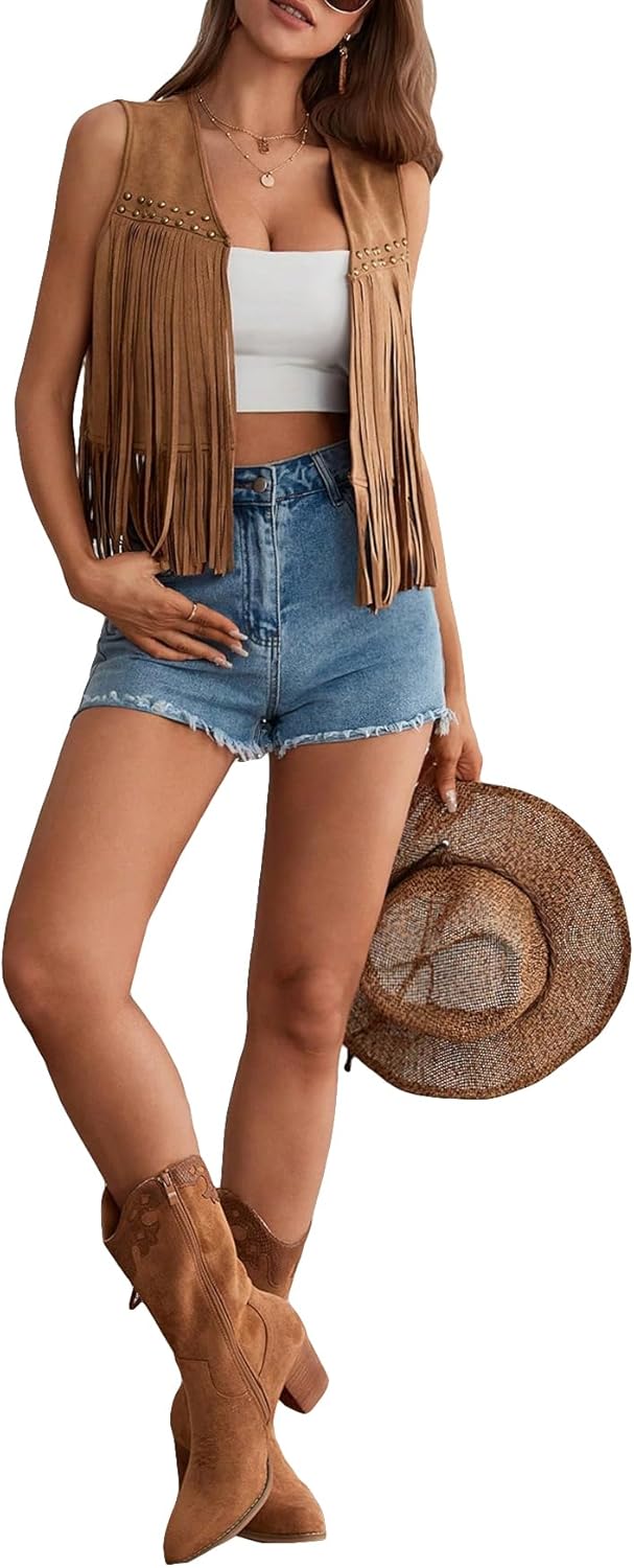 GORGLITTER Women's Tassel Fringe Sleeveless Vest Suede 70s Hippie Cowgirl Country Concert Western Jacket Outfits - Image 5