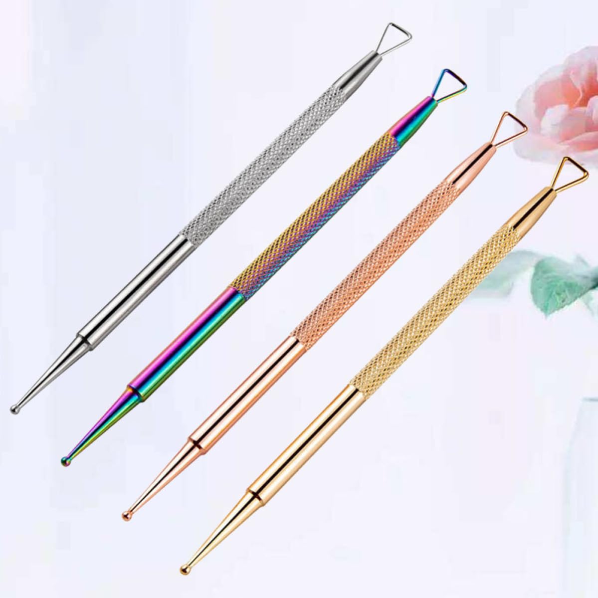 4pcs Stainless Steel Nail Art Dotting Pens with Triangle Head Cuticle Pushers Ergonomic Handle Double-ended Nail Gel Removers for Precise Pedicure and Spa Use