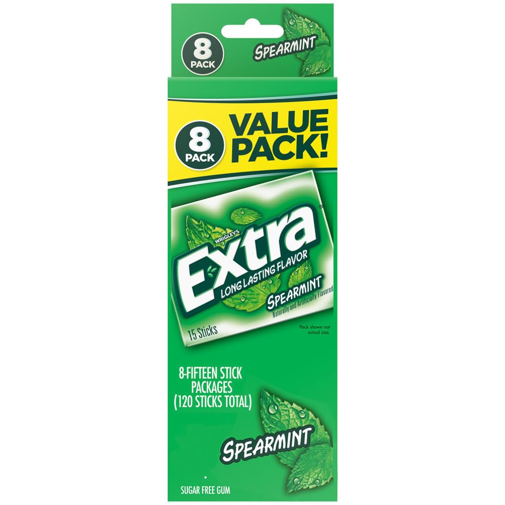 EXTRA Spearmint Sugar Free Chewing Gum, 8 Pack Bulk (120 Sticks), Individually Wrapped for Fresh Breath with Mint Flavor