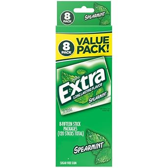 EXTRA Spearmint Sugar Free Chewing Gum, 8 Pack Bulk 120 Sticks, Individually Wrapped for Fresh Breath with Mint Flavor