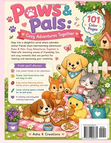 Paws & Pals: Cozy Adventures Together: A Cute & Relaxing Coloring Book Featuring Adorable Animal Friends, Cozy Adventures, and Heartwarming Moments