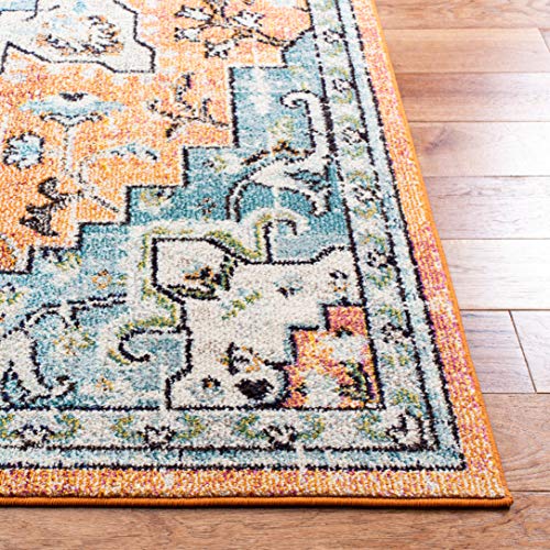 SAFAVIEH Madison Collection Area Rug - 3' Square, Orange & Teal, Boho Chic Distressed Medallion Design, Non-Shedding & Easy to Clean, Ideal for Living Room, Bedroom, Dining Space (MAD473P)