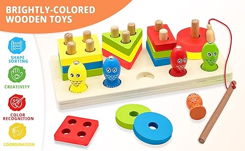 GKPLY Montessori Toys Classificação de madeira empilhamento & Jogo de Pesca Magnético 2-em-1 Brinque