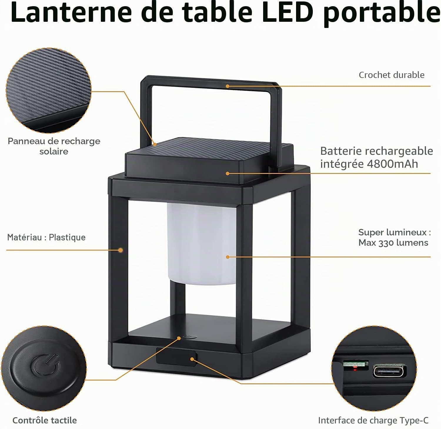 Lampe de Table LED Rechargeable Solaire 3 Niveaux de Luminosité Contrôle Tactile Lampes de Chevet étanche Lanterne Solaire Extérieur Pour Terrasse Camping Lecture