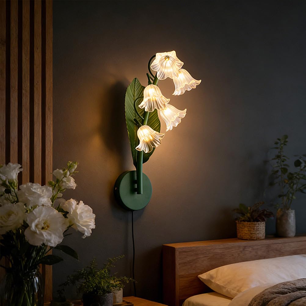 EaEa Innen Wandleuchte mit Schalter und Stecker, 5-Flammig Blumen Wandlampe mit Kabel, Acrylschirm, G4 Retro Metall Wand Nachttischlampe Schlafzimmer Wohnzimmer Dekorative Wandleuchten, Green,A