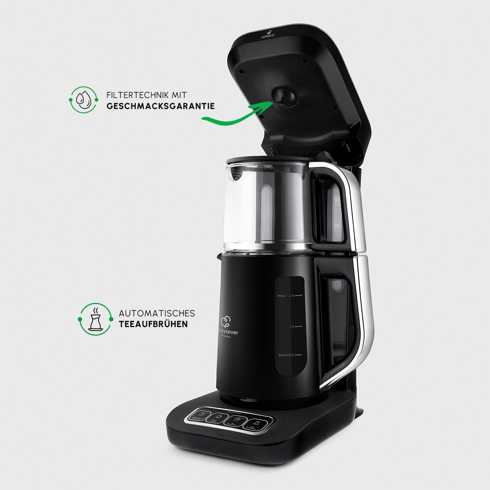 Karaca Caysever Robotea Pro 4-en-1 Theiere Electrique Automatique, Machine à Café Filtré, Bouilloire à Thé, Theiere avec Infuseur, 2500W, Chrome