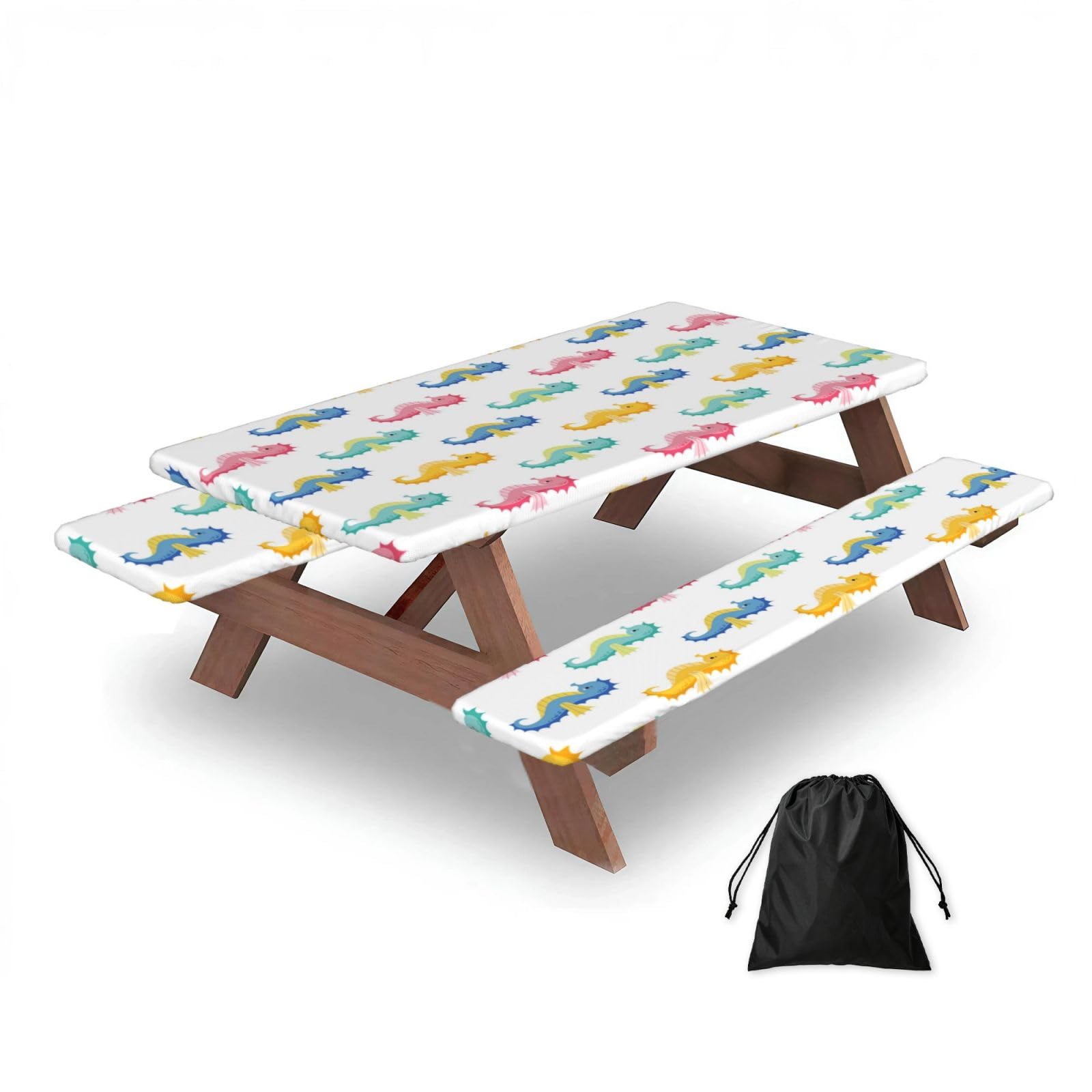 Dopklna As Picture Seahorse, Picnic Table Cover With Bench Covers -Waterproof Elastic Fitted Tablecloth For Garden Camping Patio 76X152cm
