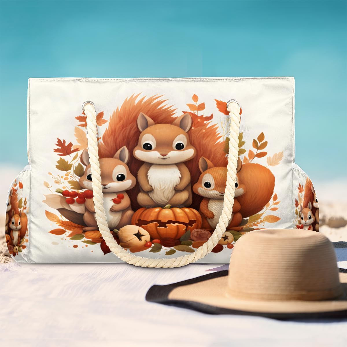Watercolour Squirrel Pumpkin Berry Maple Leaf Beach Bag for Women Waterproof Sandproof Tote with Zipper Cotton Rope Handles for Travel Pool Gym Shopping