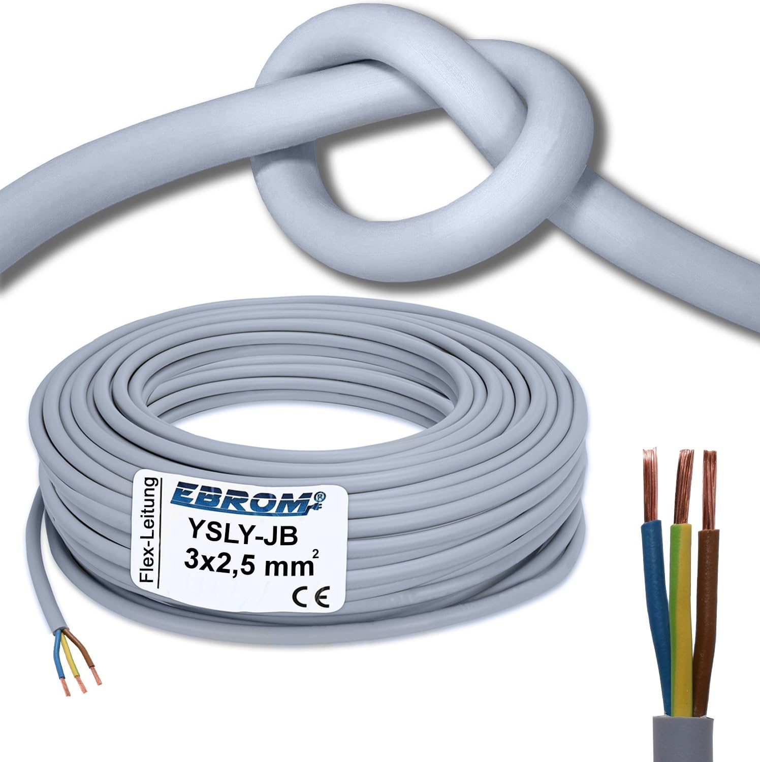 EBROM flexibles YSLY-JB 3x2,5 mm² hochflexibles Verlegekabel grau, 20 Meter | 3-adrig, Adern: braun - blau - grün/gelb - sehr flexibel für eine angenehme Verlegung - 3 x 2,5 mm2
