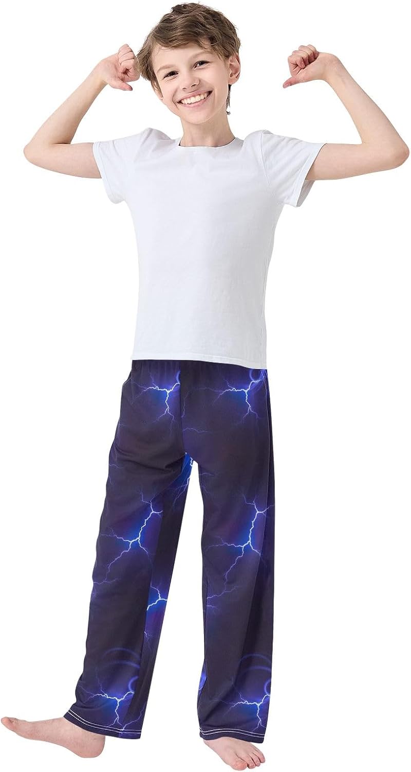 Blue Purple Lightning Pajama Pants, Soft Stretchy Lounge Sleepwear with Elastic Waist for Boys
