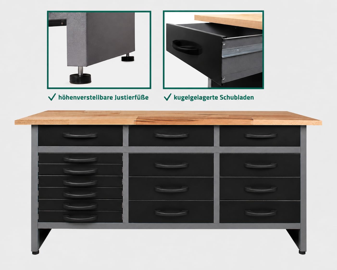 Ondis24 Werkbank Konny Werktisch 15 Schubladen 160x60x85 cm bis 450kg | Buchenholzarbeitsplatte , Metall bis 450kg belastbar