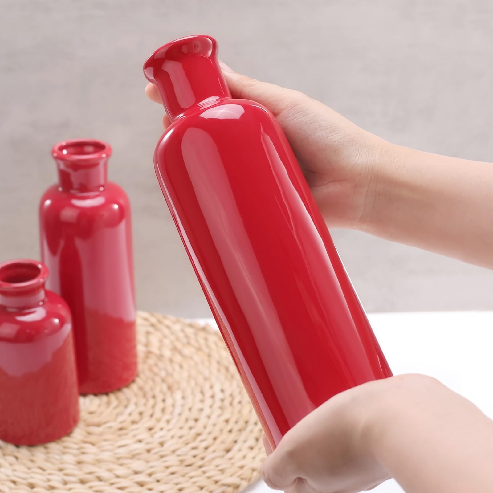 Rote Keramikvase, 3er-Set, Boho-Blumenvase, Raumdekoration, Bauernhaus-Dekor, Vasen für Ihre Küche, Badezimmer, Schlafzimmer, Wohnzimmer, Büro und Regal, Tafelaufsatz, Tischdekorationen