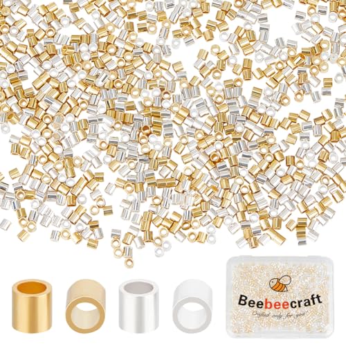 Beebeecraft 1 Box 1000Pcs 2 Color Crimp Tube Beads 925 Sterling Silver 18K Gold Plated Column Spacer Beads Link Connector for Bracelet Necklace Jewelry Making Findings Supplies