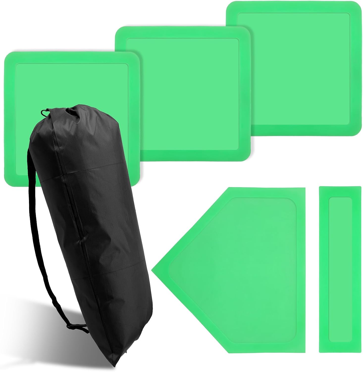 5 Pcs Green Rubber Base Set, Throw Down Baseball Bases with Home Plate and Pitching Rubber, Complete with Storage Bag for Backyard Practice, Suitable for Baseball Softball Kickball