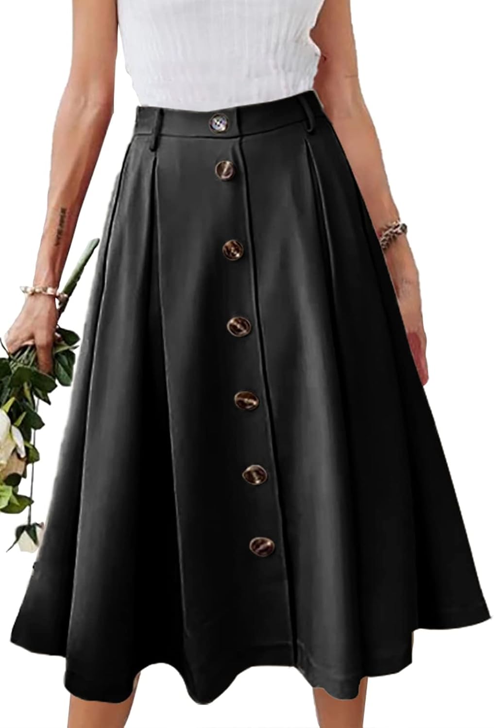 Pleated A-line Midi Skirt Elastic Waist Button Front Casual Flared Long Skirts with Pocket for Women