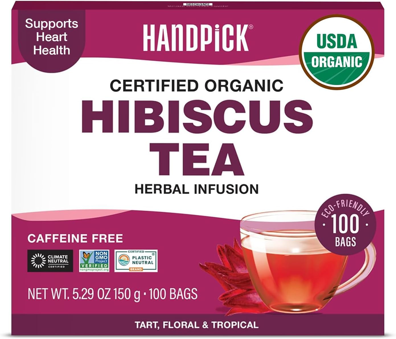HANDPICK, Organic Hibiscus Tea Bags (100 Tea Bags) | Caffeine-Free, 100% Natural Pure Indian Hibiscus Flowers