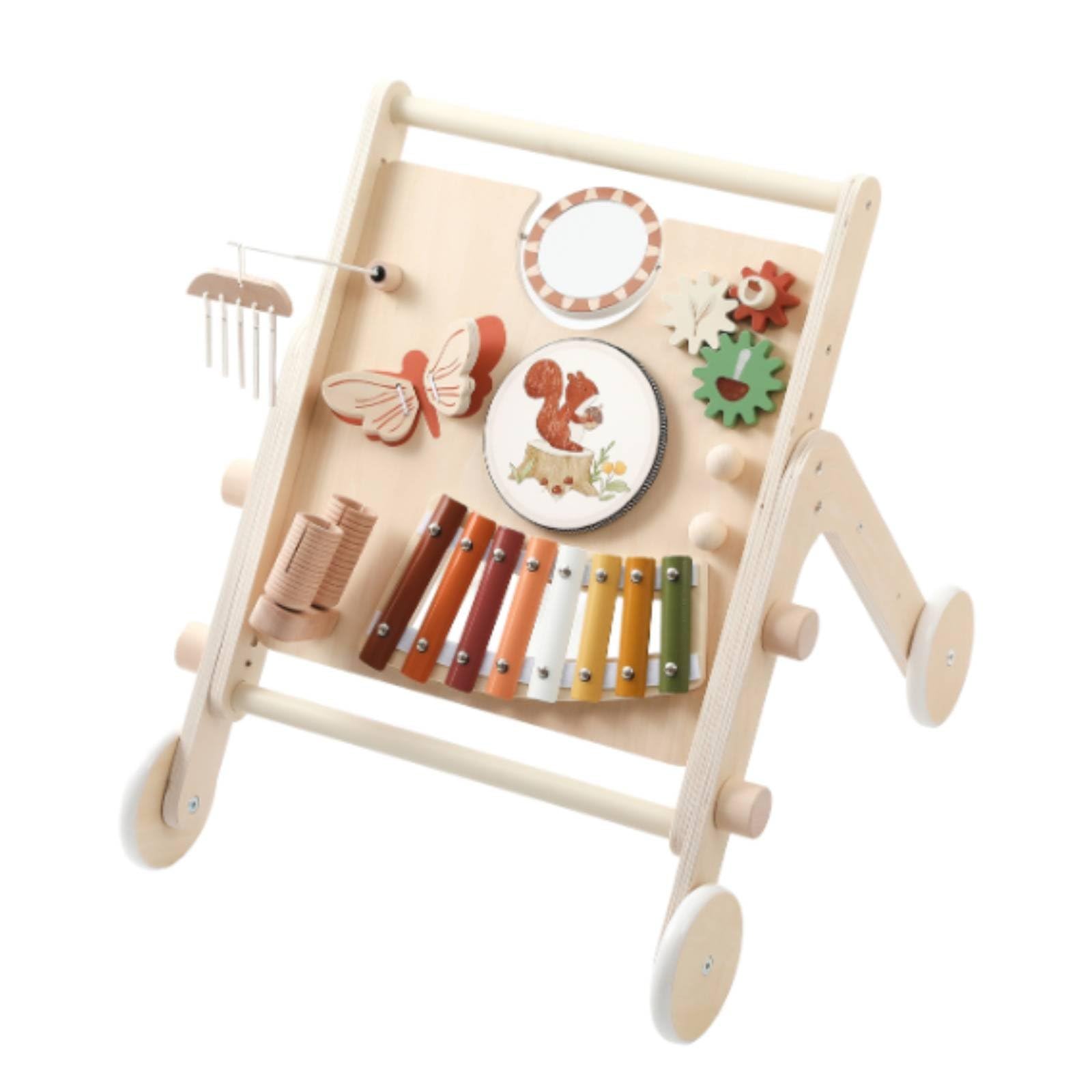 Jiuvaso Carrello Musicale Bambino con Tastiera Xilofono E Pannello Girevole Giocattolo da Spinta in Legno con Bordi Arrotondati per Gioco Attivo E Apprendimento Precoce Neonati