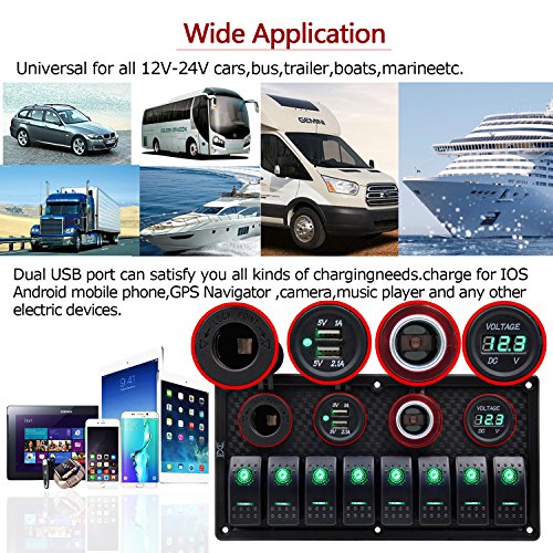 Fxc 12V 24V Green Led On/Off Marine Multi Function Switch Panel Waterproof 8 Gang Rocker Switch Panel For Boat Car Truck Rv Toggle Switches Panel With Circuit Breaker Dual Usb Charger Voltmeter #TOP6