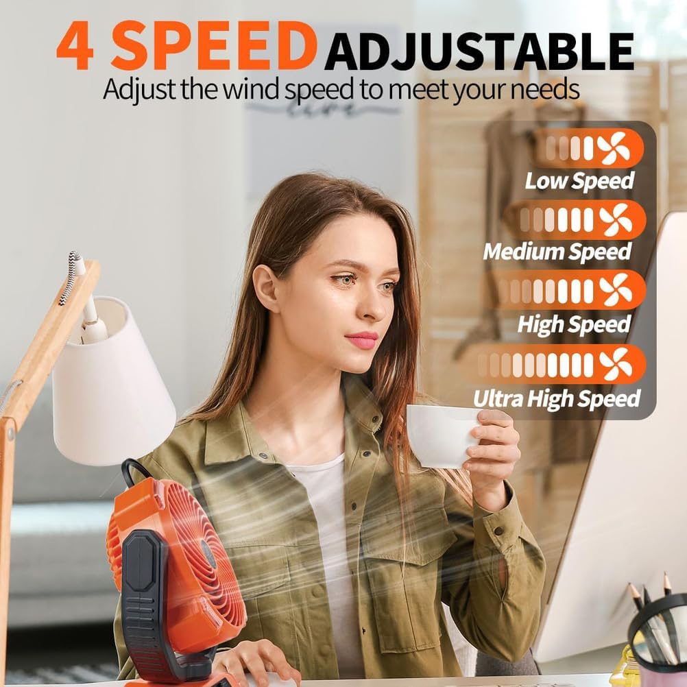 4 Speeds Camping Fan with LED Light and Remote,10000mAh Auto-Oscillating Rechargeable Desk Fan with Hook & Storage Bag, USB Tent Fans Portable, for Outdoor