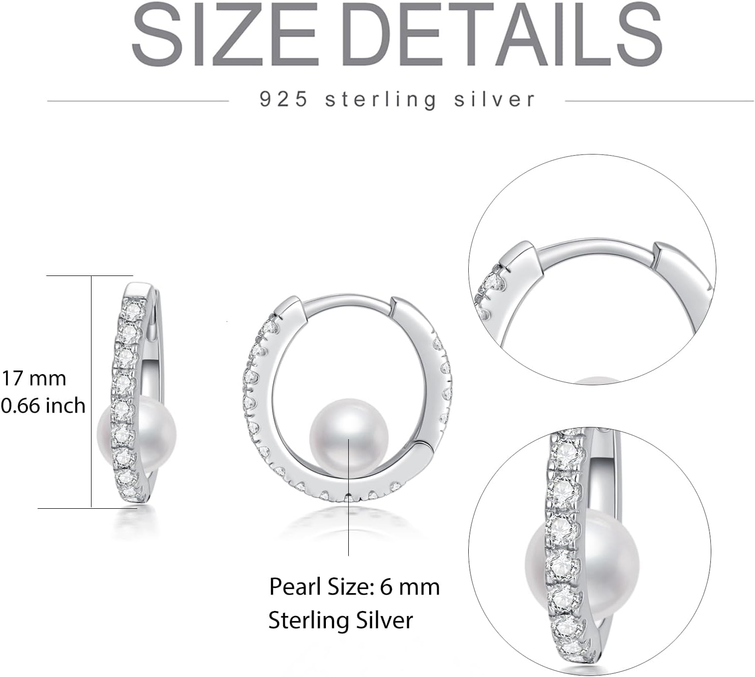 6mm Round White Pearl with Shining Moissanite Silver Hoop Earrings for Woman Classic and Elegant Jewelry