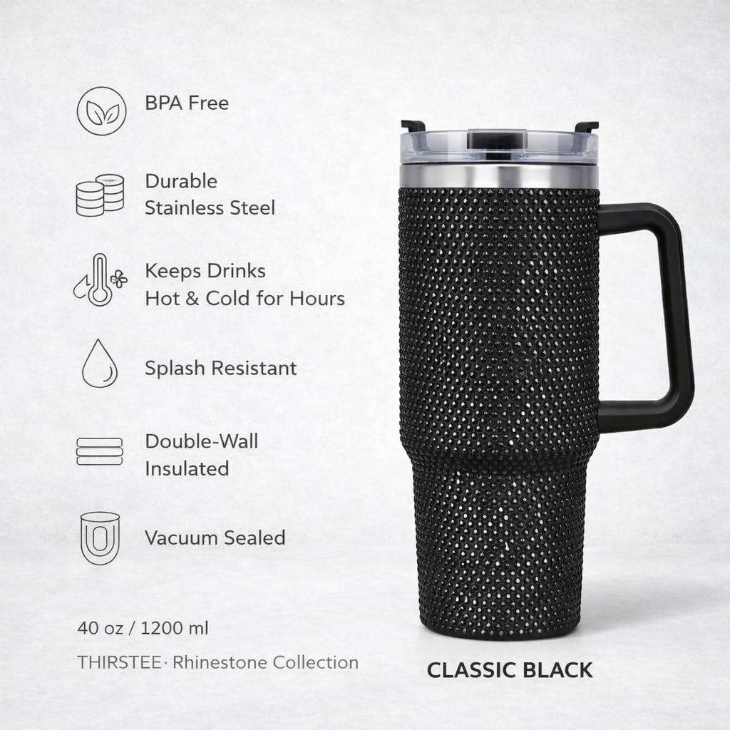 THIRSTEE 40 oz Rhinestone Tumbler – Black Sparkle Water Cup with Lid & Straw – Double Wall Insulated Stainless Steel Travel Mug with Handle, Leak-Proof for Hot & Cold Drinks