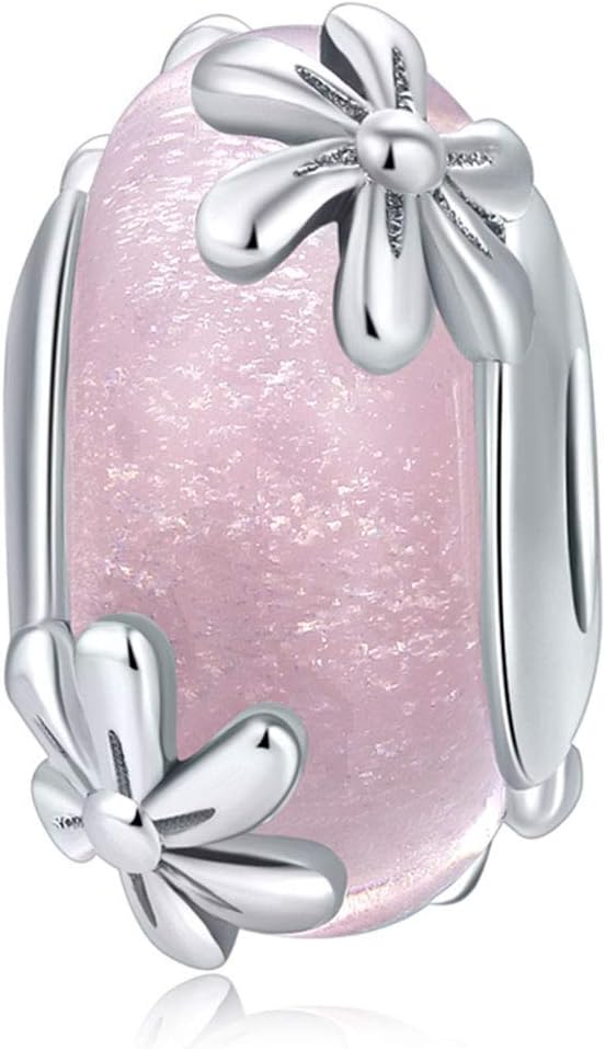 Murano Glass Bead Bracelets for Women 925 Silver Lampwork Ocean Charm Spacer Bead For European Bracelets (Pink Flower Charms)