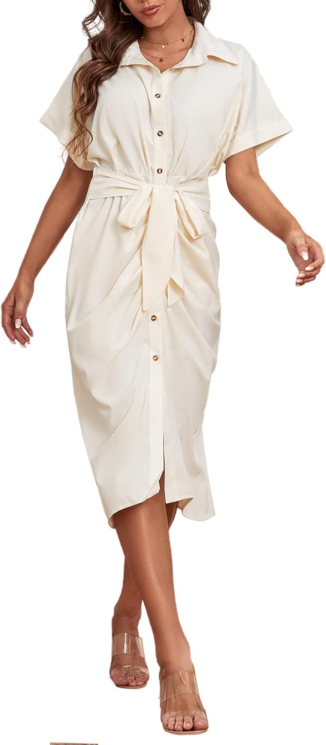 Miniatura 3 de LYANER Vestido midi de manga corta fruncido con cuello abotonado para mujer