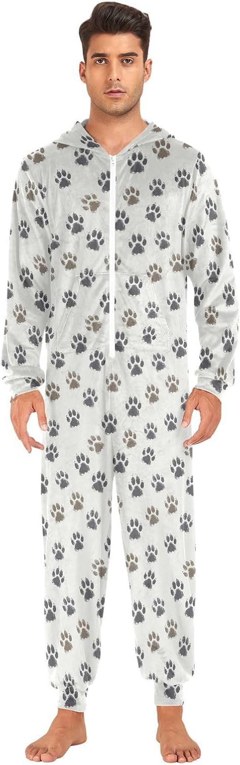 Black Brown Footprints Zipper Hooded Adult Jumpsuit Pajamas with Pockets XS-3XL