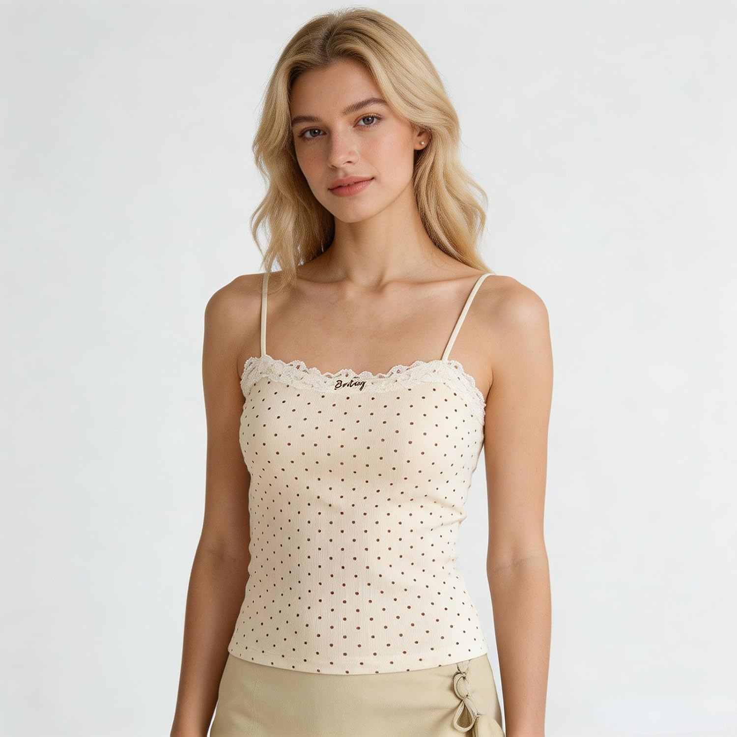 Women’s Pointelle Ribbed Camisole, Adjustable Spaghetti Strap Cami with Built-in Bra Pads, Lace Floral Polka Dot Tank Top image 6