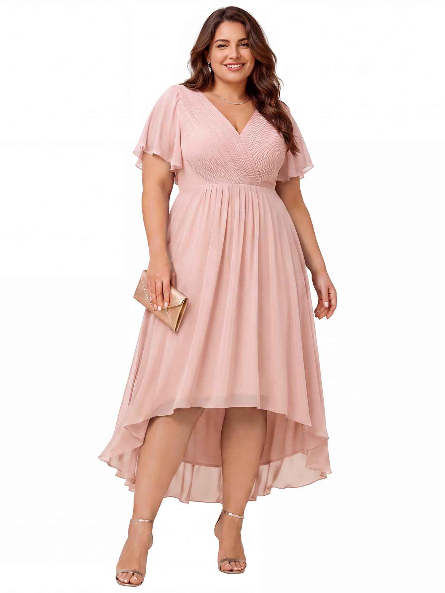 Ever-Pretty Donna Una Linea Increspato Scollo A V Maniche Corte Al Ginocchio Plus Size Wedding Guest Dress 01923-DA, Rosa, 58