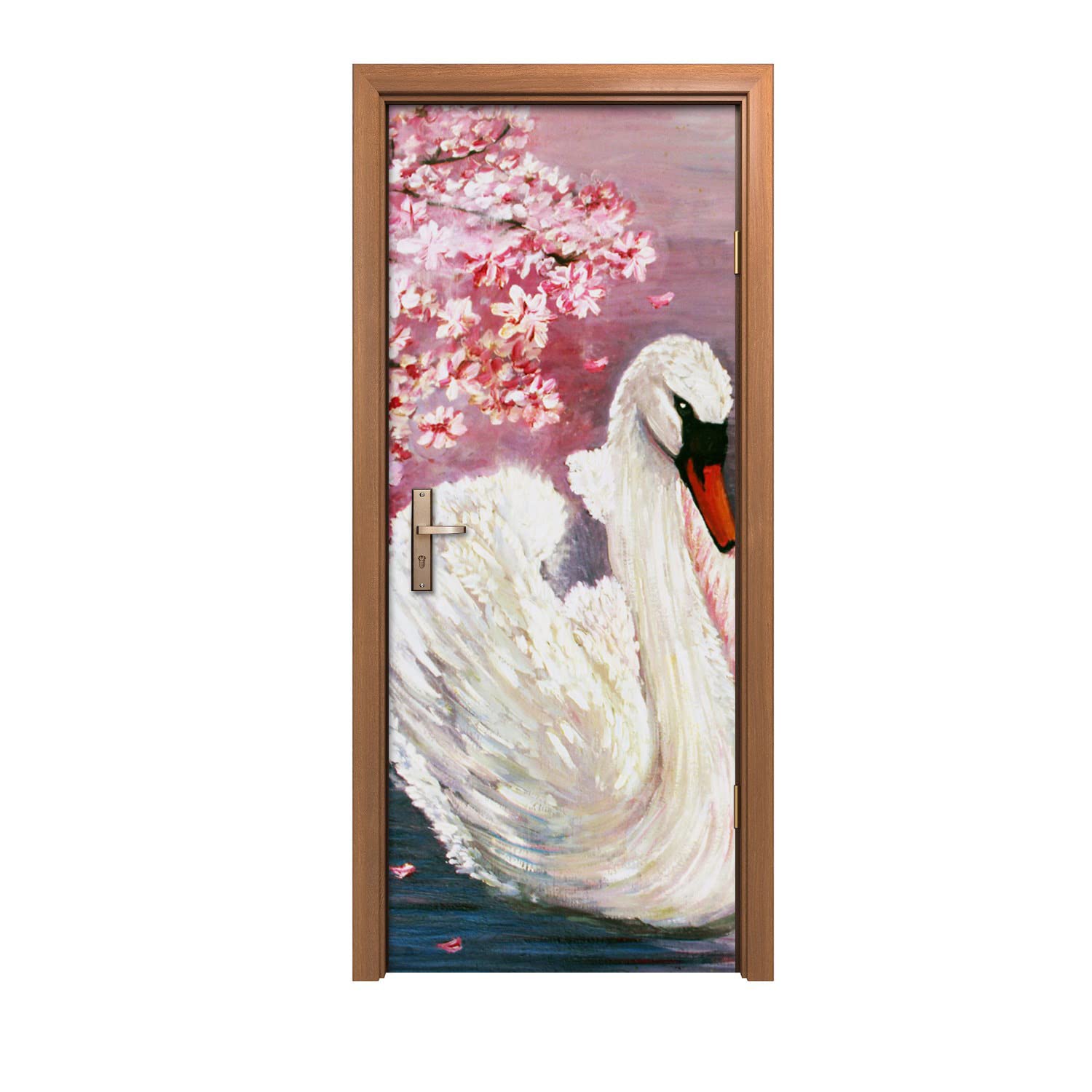 Autocollant de porte mural 90x200cm Swans Tree Flowers pour rénover et décorer une chambre de salon