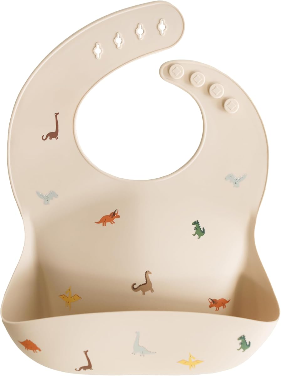 Silicone Baby Bib | Adjustable Fit Waterproof Bibs (Dinosaurs) | Ages 4-24 months, Machine washable, Adjustable neck strap, Deep front pocket