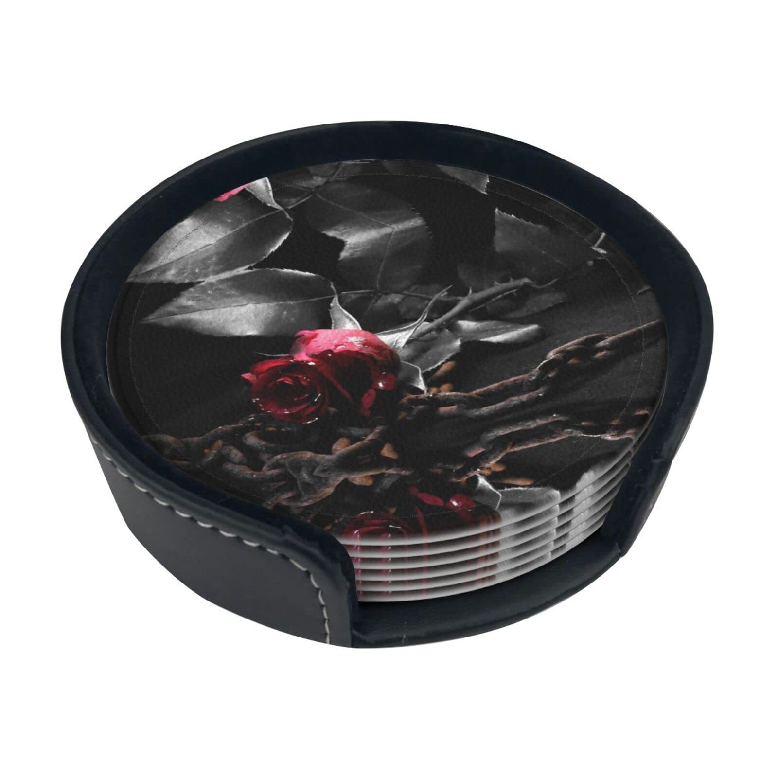 Coasters Set Of 6 Gothic Black Roses Print Leather Coasters For Drinks,Home Décor And Housewarming Gift