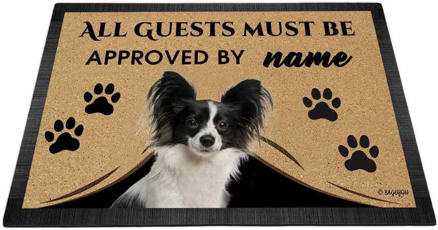 BAGEYOU All Guests Must be Approved Doormat with My Love Dog Papillon Welcome Floor Mat Custom Name 23.6 x 15.7 Inches