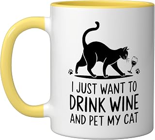 Wine Cat Owner Kitty Meow Alcohol Drinking Winemaker Ceramic Mug, Yellow/White