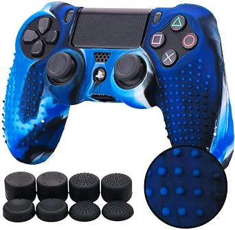 YoRHa Studded Silicone Cover Skin Case for Sony PS4/slim/Pro Dualshock 4 Controller x 1Camouflage Blue with Pro Thumb Grips x 8