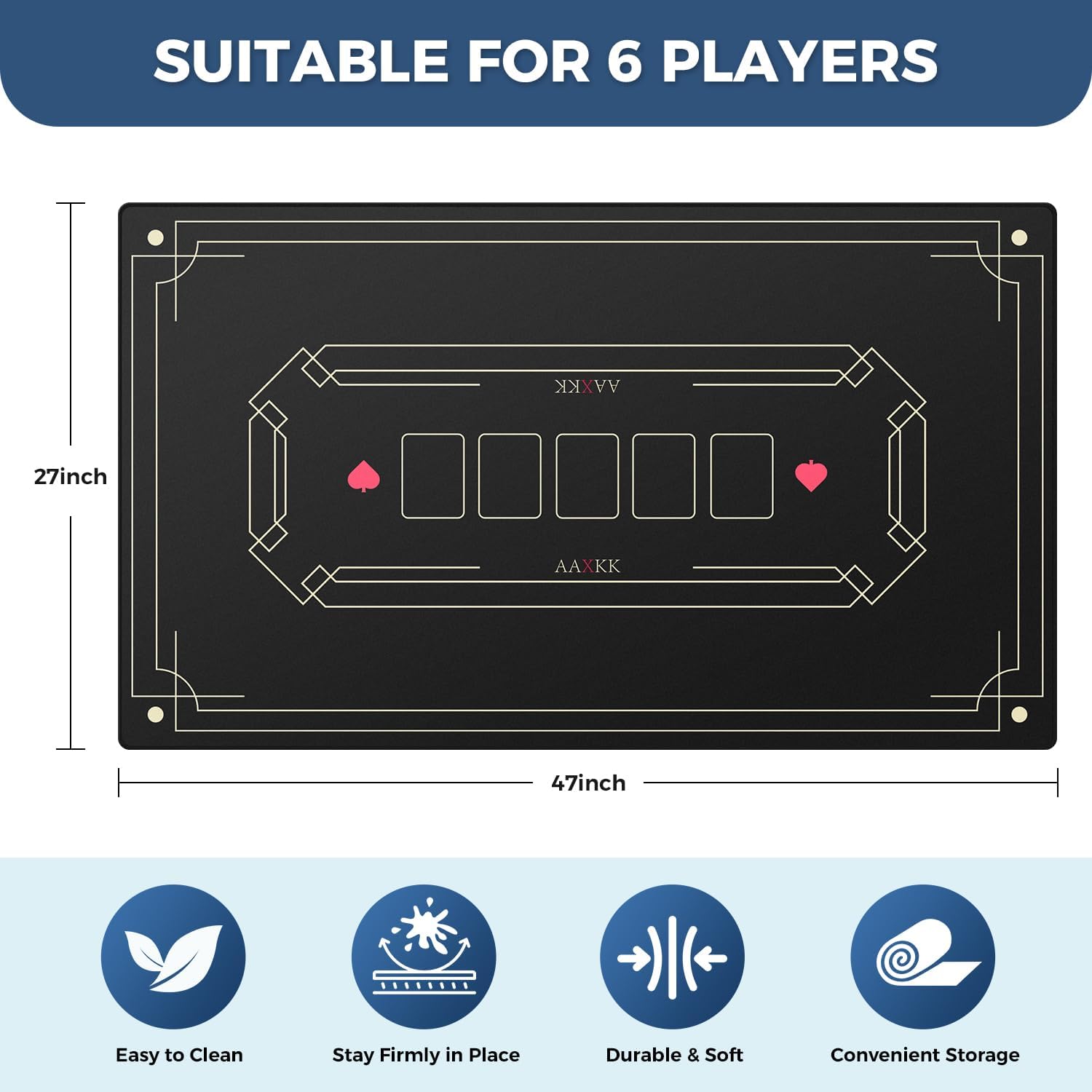 47 x 27 Inch 4-6 Person Small Black Texas Hold'em Poker Mat Portable Poker Table Tops Cards Game Mat Pad Topper Waterproof, Easily Clean & Glide Over, Anti-Slip, Odorless