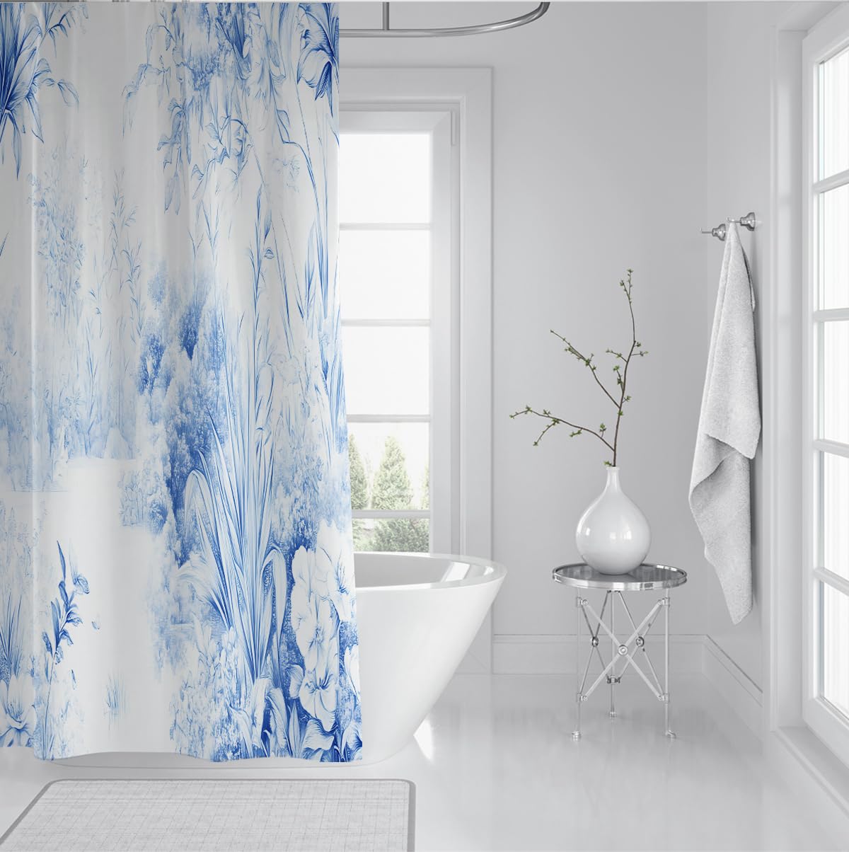 Rideau Douche Bleu Blanc Motif Floral Classique W180xL200 cm