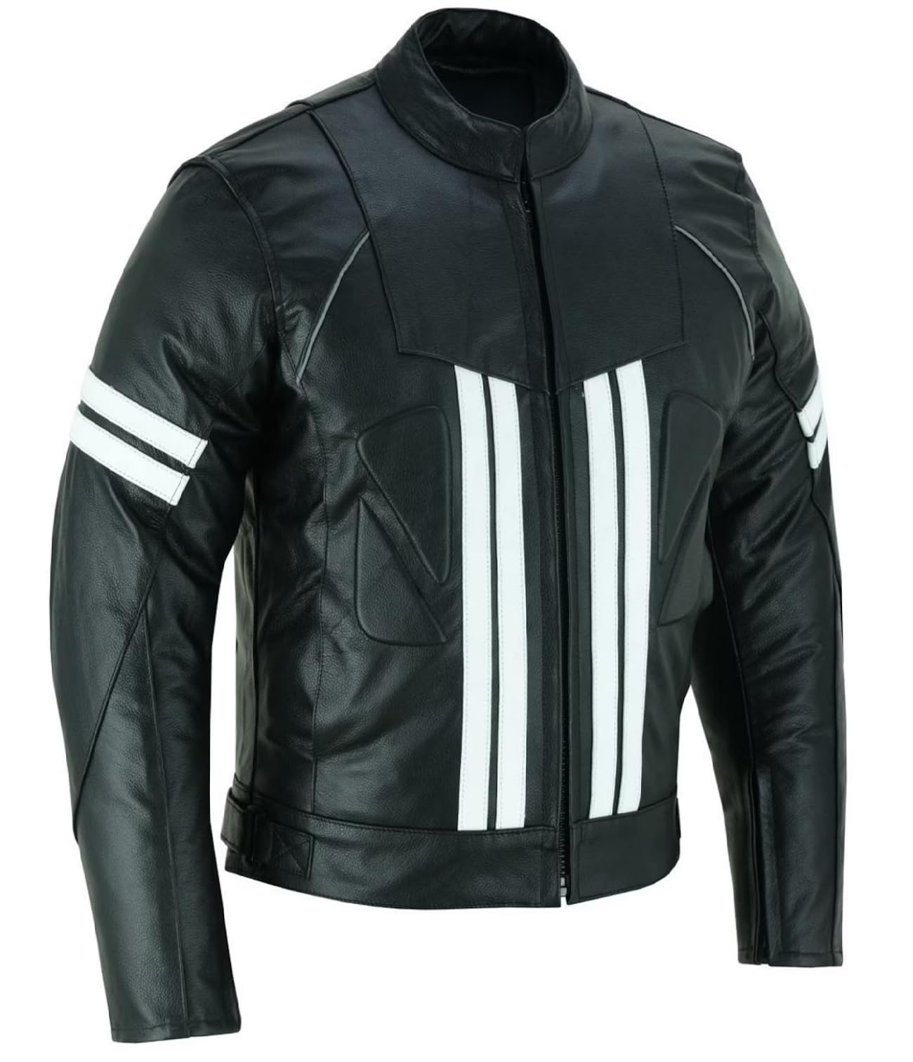 Chaqueta negra de cuero prémium para hombre con rayas blancas de contraste